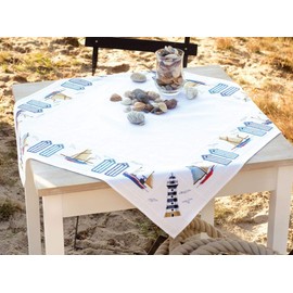 VERVACO Tovaglia Punto Croce con Tela Aida in Riva al Mare Biancheria da Tavola Set Fai da Te Creativo Punto Croce Contato Kit 80 x 80 cm Hobby Creativi Adulti Casa Decor Cross Stitch Embroidery