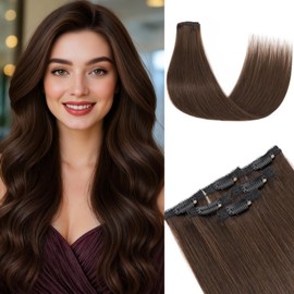 tesshair Clip in Hair Extensions Real Human Hair Remy Single Clip Double Weft 6 Pcs Seamless Highlight Straight Human Hair Clip in Extensions for Women #02 Dark Brown - 10 Inch