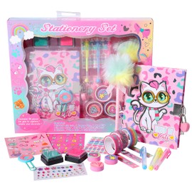 Pinkgarden Cat Diary for Girls with Lock & Keys - Cat Stationery Set with Journal, Pompon Pen, Stamps, Stickers, Ideal Birthday Gift for Girls Aged 4-12 Year Old