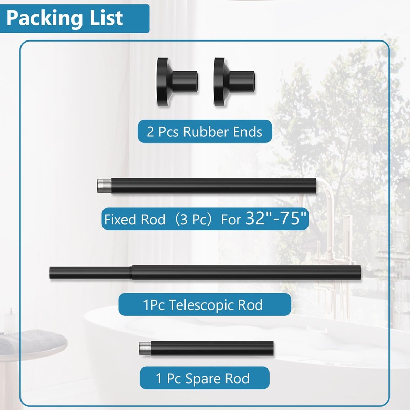 Bonpally Adjustable Tension Curtain Rod, 32-75 Inches Non-Slip Stainless Steel