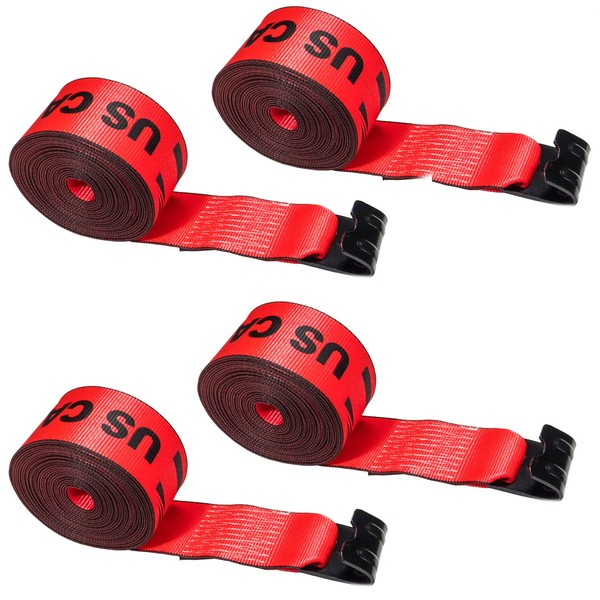 US Cargo Control 4 Inch Winch Strap with Large Flat Hook, 30 Feet Long, Heavy Duty Trailer Winch Strap for Safe Cargo Securement, Large Flat Hook End Fitting for Easy Fastening, Red, 4-Pack