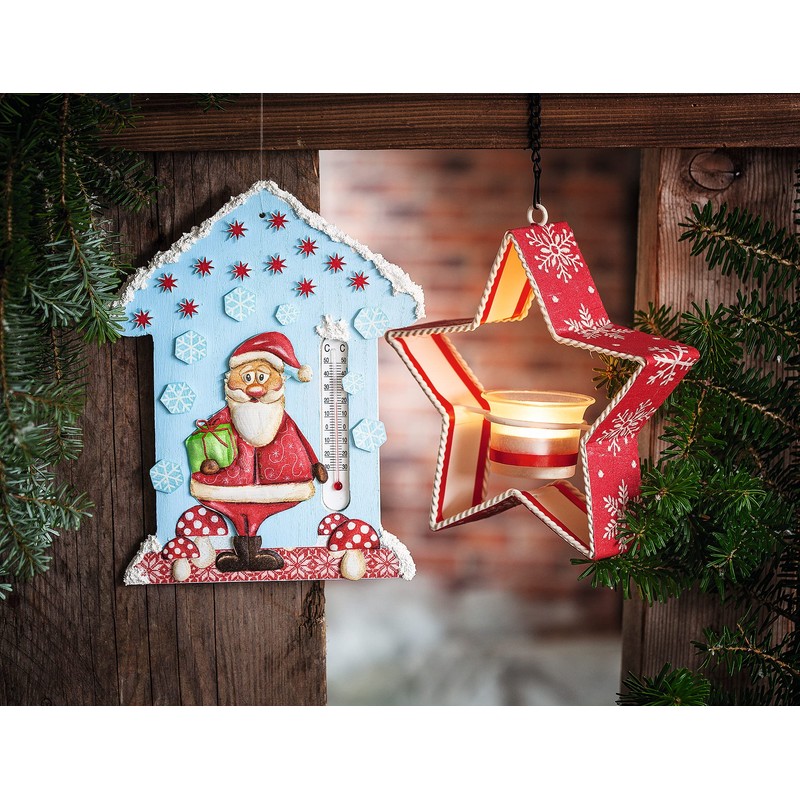 Wall Thermometer "House", Made of Raw Wood