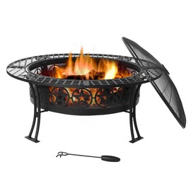 Sunnydaze Four Star Fire Pit Table - Outdoor Wood Burning Fire Pit - Large 40 Inch Round Patio Fireplace - Portable Pit for Outside Use - Durable Spark Screen