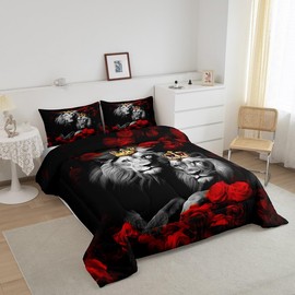 jejeloiu Wild Lion Couple Comforter Set Queen Size Couple Red Rose Floral Comforter for Girls Women Lover Gold King and Queen Crown Bedding Set Valentine's Day Duvet Set Room Decor