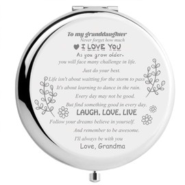 CREATCABIN To granddaughter Makeup Mirror Inspirational Quote Travel Compact Pocket Mirror Two-sided Folding Gift From Grandma Granddad for Women Girls Graduation Birthday Christmas Ideas Gift, Silver