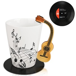 Maustic Guitar Mug, Music Gifts for Men, Guitar Gifts for Guitar Players, Christmas Birthday Gifts for Music Lovers, Music Teacher Gifts, Ceramic Mug 13 Oz with Vinyl Record Coaster (Acoustic Guitar)