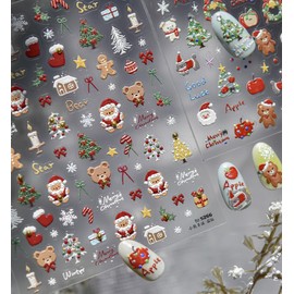 Christmas Nail Art Stickers 5D Embossed Xmas Cute Bear Nail Stickers Christmas Sock Xmas Gift Xmas Tree Bowknot Gingerbread Man Nail Decals for Women Winter Holiday Manicure DIY Nail Supplies 1 Sheet