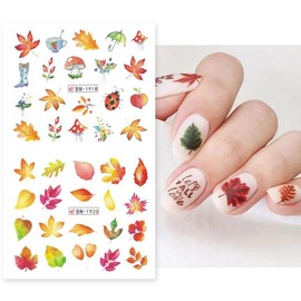 Fall Nail Art Stickers Maple Leaves Nail Water Decals Transfer Foils for Nail Supplies Thanksgiving Nail Stickers Autumn Maple Leaf Pumpkins Turkey Nail Design for Women DIY Manicure Decorations 12PCS