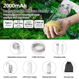 GZRLVVIN Camping Shower, Portable Shower Pump Power by Rechargeable Battery with Led Light, Portable Shower for Camping, Multiple Spray Camp Shower Head for Outdoor Camping, Hiking, Traveling & Beach