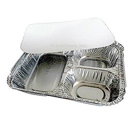 Durable Packaging 3-Compartment Oblong Aluminum Foil Take-Out Pan w/Board Lid 25 Pack - Disposable (pack of 25)