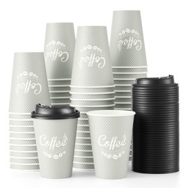 Tamone 100 Pack 12 oz Disposable Coffee Cups with Lids, Insulated Ripple Double-Walled Paper Coffee Cups for Hot Beverages, Cold/Hot Drinking To Go Coffee Cups with Lids for Parties and Travel (Grey)