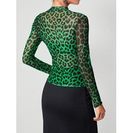 Floerns Women's Leopard Print Sheer Mesh Long Sleeve Tee Shirts Without Bra Green Medium