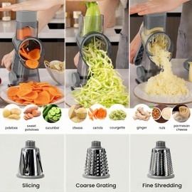 LacusMare Rotary Cheese Grater with 3 Blades for Slicing, Coarse Grating & Fine Shredding, Graters for Kitchen with Stable Suction Base, Vegetable Slicer for Cucumber, Carrot, Potato, Nuts (Gray)