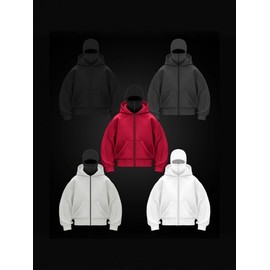Cross-Border Balaclava Hooded Zip-Up Cardigan Sweater with Double Hood, Zipper, and DIY Light Board Men's L/Light Gray 3ea