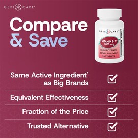 GeriCare Vitamin B-12 1000mcg High Potency Tablets, Premium Dietary Supplement for Boosting Energy, Supporting Brain Health, and Maintaining a Healthy Nervous System 100 Count (Pack of 1)