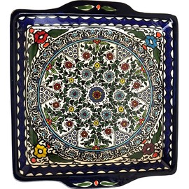 Holy Land Market Armenian Ceramic Holy Land Flowers square Bread/Matzah Seder Plate - 9.5 Inches - Asfour Outlet Trademark