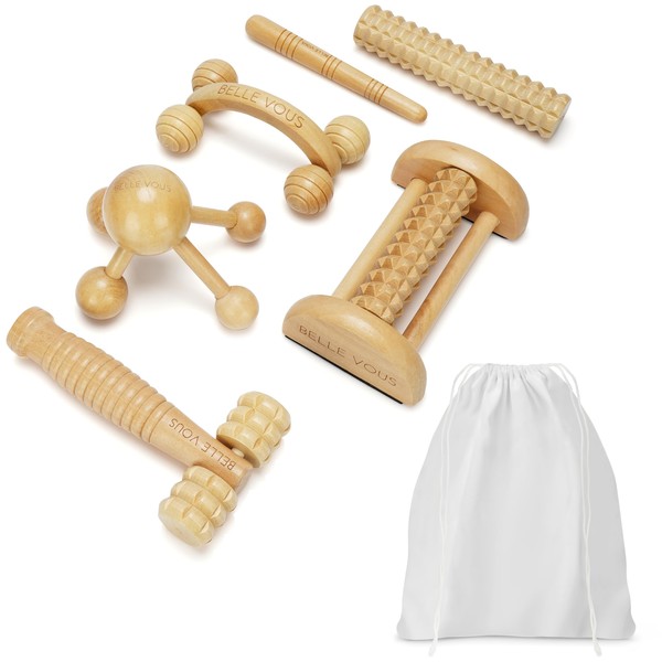 Belle Vous 6-in-1 Pack of Wood Therapy Massager Tools & Cotton Bag - Wooden Massage Anti-Cellulite Roller - Professional Maderoterapia Kit for Full Body Muscle Pain Relief & Body Shaping/Contouring