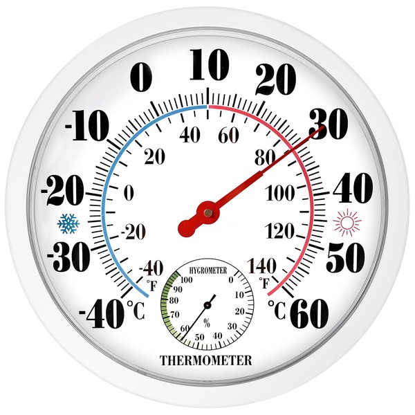 Indoor Outdoor Thermometer Hygrometer - 10 Inch Thermometer Room Temperature Garden Thermometer Outdoor Waterproof Wall Hanging Thermometer for Patio(White-color)