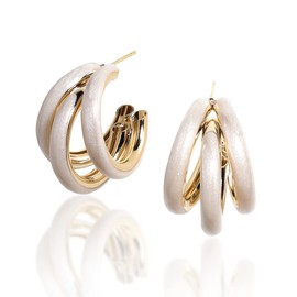 Sonateomber White Enamel Chunky Open C Triple Hoop Statement Gold Stud Earrings for Women - Fashion Trendy Cute Large Big Split Summer Jewelry Gift