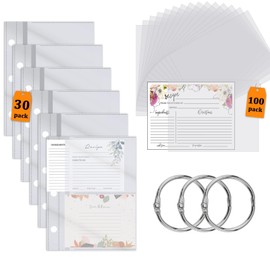MARRTEUM 130 Pcs Recipe Card Page Protectors with 3 Pcs Loose Leaf Binder Rings, 4 x 6 Inch Crystal Clear Kitchen Recipe Book Card Page Index Protect Pockets Sleeves Refill Sheets Covers