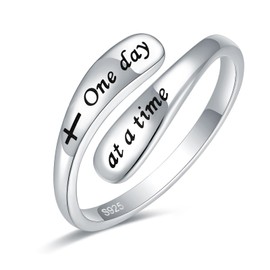 AMBCESSER 925 Sterling Silver Inspirational Adjustable Rings - Personality Encouragement Jewelry Gift For Women (One day at a time)