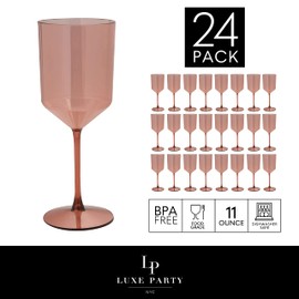 LUXE PARTY 24 Pack Disposable Wine Glasses | 11oz. | Premium Plastic | One Piece |Goblets | Parties | Weddings | Rose