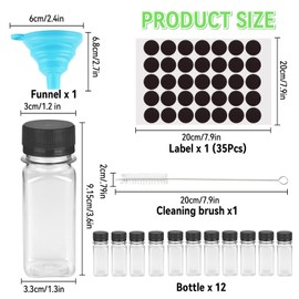 Pack of 12 Small Bottles for Filling, 60 ml Reusable Plastic Bottles for Filling with Funnel, Brush and Labels, Shot Bottles for Filling for Juice, Milk and Water