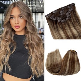Balayage Ombre Clip in Hair Extensions Human Hair Brown to Light Brown and Beige Blonde Real Hair Extension 15 Inch Short Blonde Highlights Clip ins 70grams 7pcs