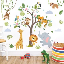 Runtoo Jungle Animals Wall Decals Forest Animal Monkey Tree Wall Art Stickers Kids Bedroom Baby Nursery Birthday Party Decorations Classroom Decor