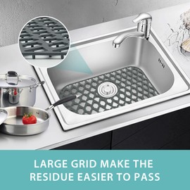 SAMSIER Sink Protectors for Bottom of Kitchen Sink 13x11 &16x12 &21x16 &22x13 &24x13 &26x14 &28x14 &30x16, Large Farmhouse Silicone Mats Grid (19”x14”, Rear Drain)