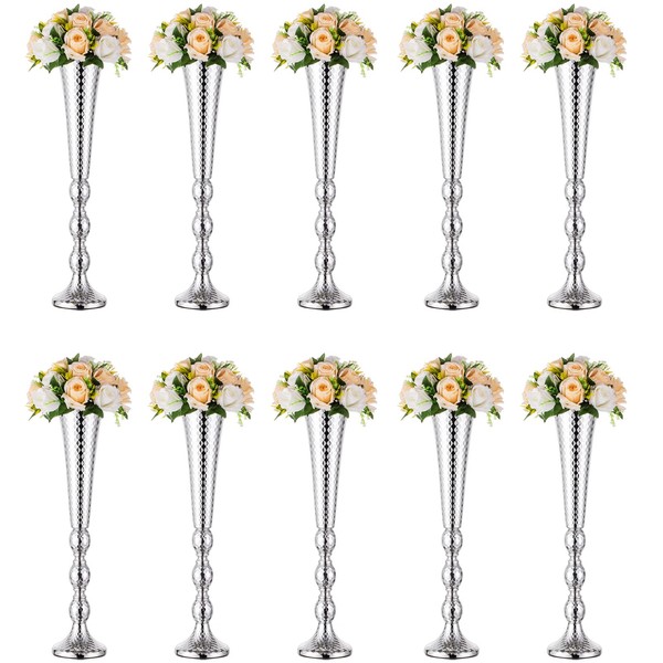 Trumpet Vase Wedding Centrepieces for Tables: Nuptio 10 Pcs Silver Vase 61cm Tall Flower Stand Road Lead for Weddings Party Dinner Centrepiece, Tabletop Vases for Anniversary Birthday Home Decoration