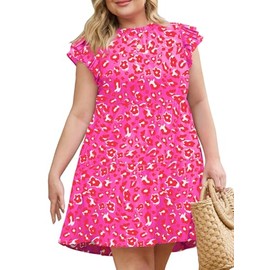 Eytino Plus Size Dress for Women Summer Ruffle Sleeve Leopard Printed Mini Short Dresses,2X Rose