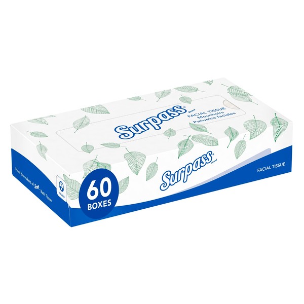 Surpass Facial Tissue Flat Box (21390), 2-Ply, White, Unscented, 125 Tissues / Box, 60 Boxes / Big Case