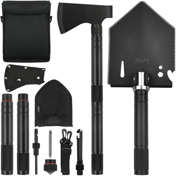 iunio Survival Shovel Multitool with Axe, Camping Shovel Hatchet, Tactical