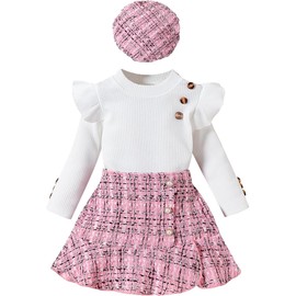 Toddler Girls Fall Winter Clothes Baby Ruffle Long Sleeve Knit Sweater Shirts Plaid Floral Mini Skirts Set with Beret(White,2-3T）