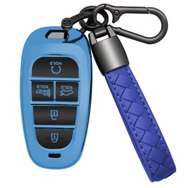 Kespevn for Hyundai Key Fob Cover 5 Button Soft TPU with Leather Keychain 360 Degree Protection Car Key Case Shell Holder Fits for 2023 2022 2021 2020 Hyundai Sonata Santa fe Tucson, D Blue