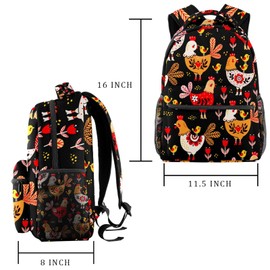 LORVIES Colorful Rooster Chicken Floral Pattern Lightweight School Classic Backpack Travel Rucksack for Girl Women Kids Teens