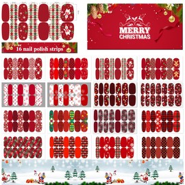 XEAOHESY 16 Sheets Warm Tones Christmas Nail Polish Strips with Nail File Santa Claus Christmas Tree Snowflake Grid Pattern Stickers for Holiday Nail Art