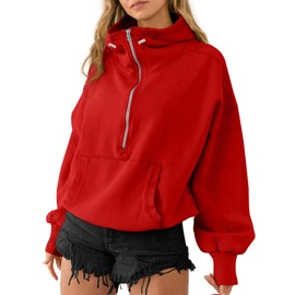 TBA High Neck Hoodies for Women Oversized Half Zip Drawstring Y2K Pullover Sweater Casual Long Sleeve Sweatshirt with Pockets Red