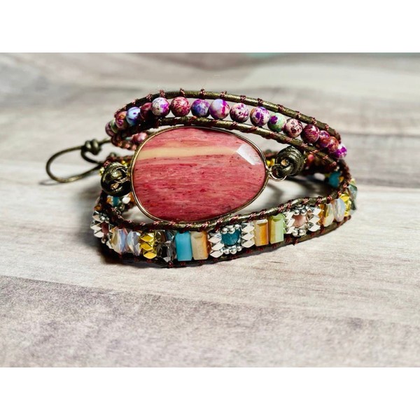 Handmade Jewelry  | Rhodochrosite Healing Bracelet | Natural Stone Beaded Bracelet | Leather Wrap Bracelet | Gift for Her | Gift for Him
