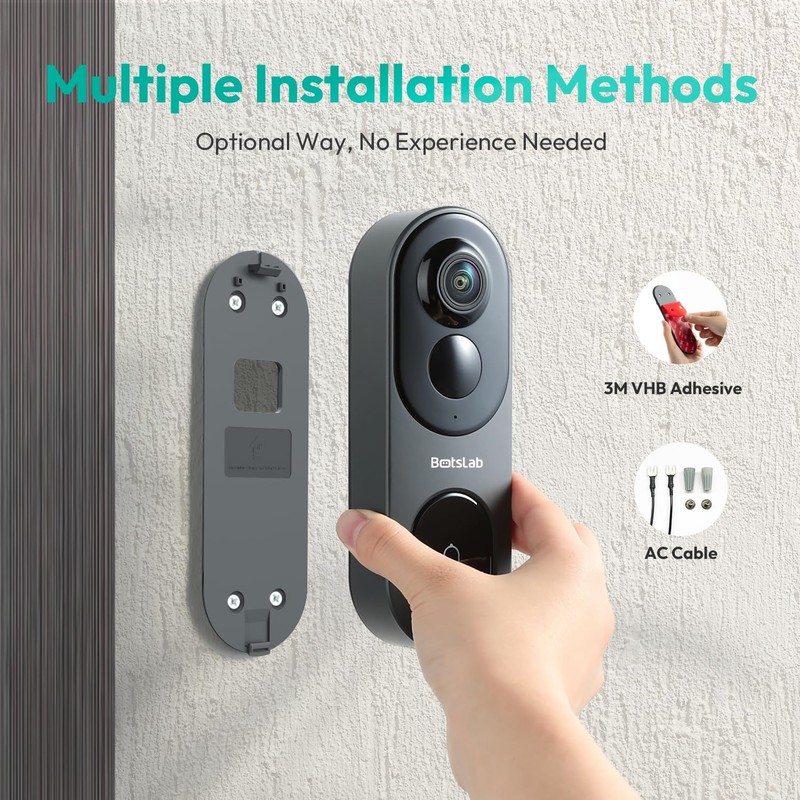BOTSLAB 5MP Wireless Video Doorbell Camera,180° Head-to-Toe View, AI Motion