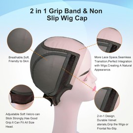Wig Cap with Grip Band for Keeping Wigs in Place, More Full Cap-wide Transparent Lace for Lace Front Wigs - Non Slip Cap Make Your Wig Be Glueless (Brown, L)