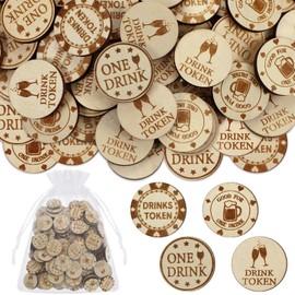 Motionchic 200 Pcs Drink Tokens Bulk for Events Wooden Free Drink Tokens with Organza Bags Personalised Free Cheers Tickets Poker Chips for Events Bar Wedding Oktoberfest Party Favors
