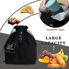 LELE LIFE Insulated Canvas Lunch Bag with Drawstring Wide Open Foldable and Lightweight Cooler Bag for Work Office Picnic (Black)