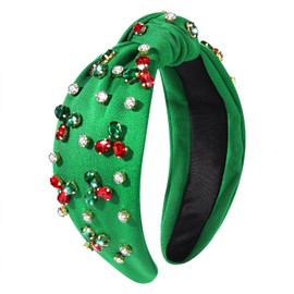 ARATLENCH Christmas Headband Red Green Rhinestone Crystal Jeweled Knotted Heabdand Festive Holiday Wide Top Knot Hairband Headpiece Christmas Party Costume Accessories Gift