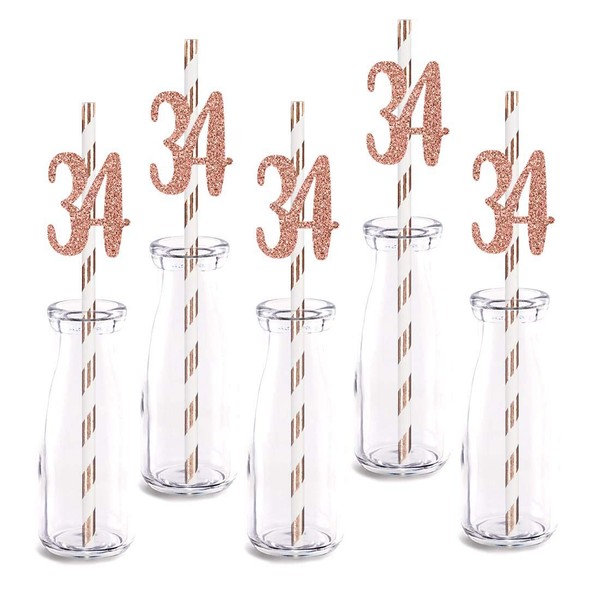 Rose Happy 34th Birthday Straw Decor, Rose Gold Glitter 24pcs Cut-Out Number 34 Party Drinking Decorative Straws, Supplies