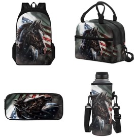 Tomeusey American Flag Horse Student Backpack, Portable Kids Student Bookbag with Water Bottle Sleeve Lunch Box Pencil Case for School, Back to School Gift for Boys Girls