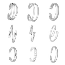 Mikovivi 9pcs Toe Rings for Women, Adjustable Open CZ Hug Toe Rings Set Dainty Summer Beach Foot Jewelry Fashionable Women's Foot Decoration Accessories (Silver)