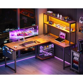 ODK 53 Inch L Shaped Desk with LED Lighting, Reversible Gaming Desk with Power Outlets, Cornor Computer Table with Storage Shelves & Bag & Iron Hook, Home Office Table for Writing, Study, Vintage