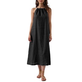 Amazhiyu Womens Linen Halter Sleeveless Maxi Dress Tie Back with Belt and Pockets Black, Medium
